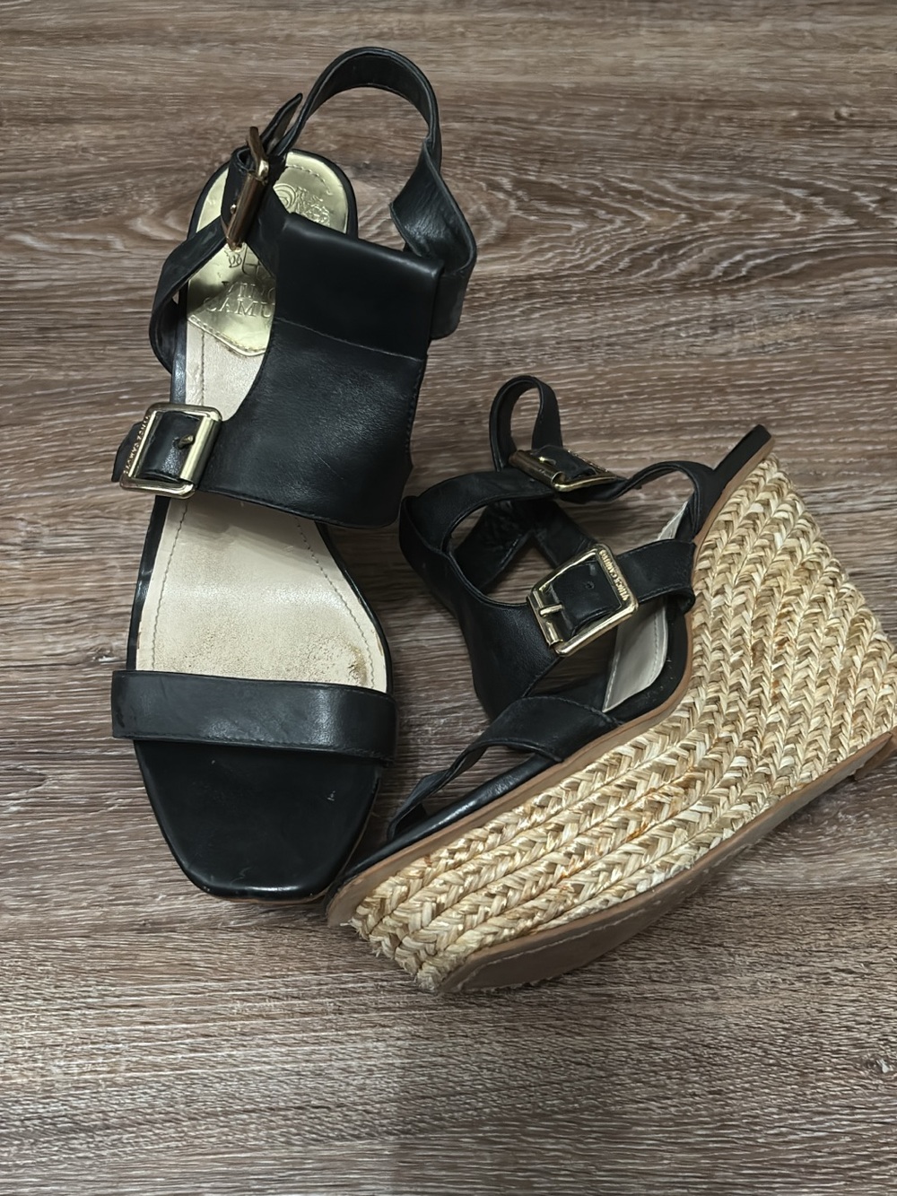 Vince Camuto Black Leather Wedge Sandals with Gold Buckles